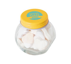 Kleine glazen pot gevuld met ca. 30 gr. hartjes Kleine glazen pot gevuld met ca. 30 gr. hartjes bedrukken