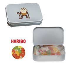 Scharnierblik met ca. 60 gr. Haribo gummibeertjes bedrukken