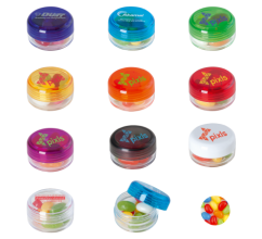 Kunststof rond potje gekleurd deksel met ca. 12 gr. jelly beans. TAMPONDRUK Kunststof rond potje gekleurd deksel met ca. 12 gr. jelly beans. TAMPONDRUK bedrukken