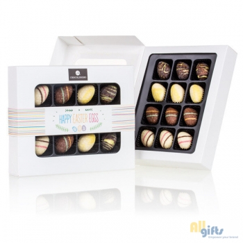 Afbeelding van relatiegeschenk:12 chocolade paaseitjes - Happy Easter Chocolade paaseitjes
