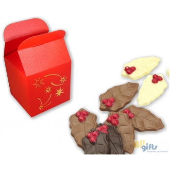 Afbeelding van relatiegeschenk:Rood Kersttasje 150 gr. Kerstchocolaatjes