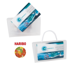 Mini visitekaart tasje transparant gevuld met 50 gr. Haribo gummiberen ONBEDRUKT bedrukken