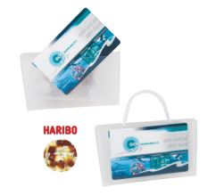 Mini visitekaart tasje transparant gevuld met 50 gr. Haribo colaflesjes ONBEDRUKT bedrukken