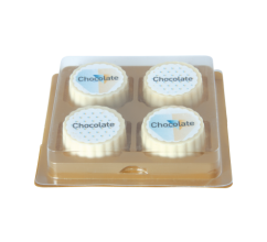 Logobonbon van witte chocolade met hazelnoot praline, rechthoekig of rond, opdruk tot bedrukken