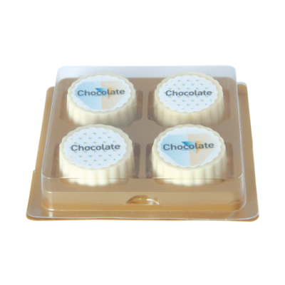 Afbeelding van relatiegeschenk:Logobonbon van witte chocolade met hazelnoot praline, rechthoekig of rond, opdruk tot
