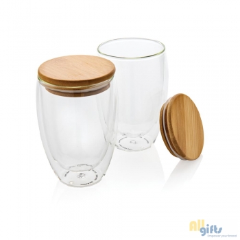 Afbeelding van relatiegeschenk:Dubbelwandig borosilicaatglas met bamboe deksel 350ml set