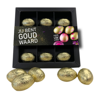 Afbeelding van relatiegeschenk:Zwart geschenkdoosje met 9 gouden paaseitjes - Inclusief banderol