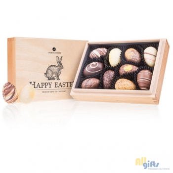 Afbeelding van relatiegeschenk:Premiere Mini - Easter - Chocolade paaseitjes Chocolade paaseitjes in houten kistje