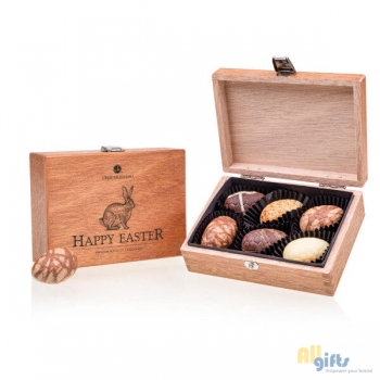 Afbeelding van relatiegeschenk:Chococase Mini - Pasen - Chocolade paaseitjes Chocolade paaseitjes in een houten kist