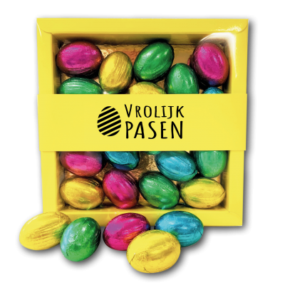 Afbeelding van relatiegeschenk:210 gram paaseitjes in doos gesloten met gepersonaliseerde banderol