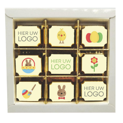 Afbeelding van relatiegeschenk:Doosje met 9 paasbonbons en logo