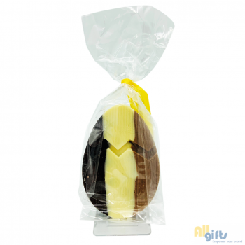 Afbeelding van relatiegeschenk:Paasei tablet in transparant zakje met geel lint