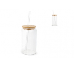 Glas met bamboe deksel & rietje 450 ml bedrukken