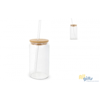 Afbeelding van relatiegeschenk:Glas met bamboe deksel & rietje 450 ml