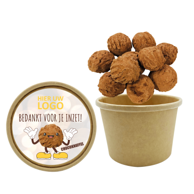 Afbeelding van relatiegeschenk:Bio Snoepbeker 145 gram Chocolade Truffels (incl. dekselsticker)