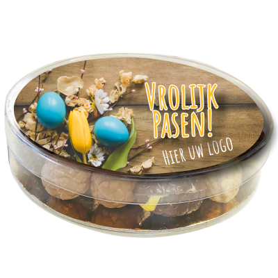 Afbeelding van relatiegeschenk:Ronde Geschenkdoos met 280 gram praliné bonboneitjes