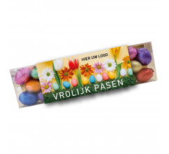 Doosje met 23 chocolade kleur paaseitjes - inclusief banderol Doosje met 23 chocolade kleur paaseitjes - inclusief banderol bedrukken
